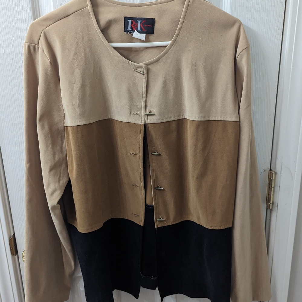 R&K Wome's Large Color Block Beige Tan Black Button-up Front Jacket Size Large